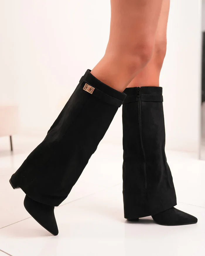 Elegant Women’s Knee-High Boots with Buckle and Pointed Toe