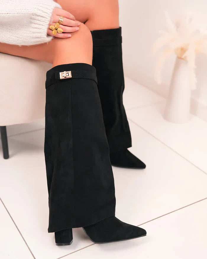 Elegant Women’s Knee-High Boots with Buckle and Pointed Toe