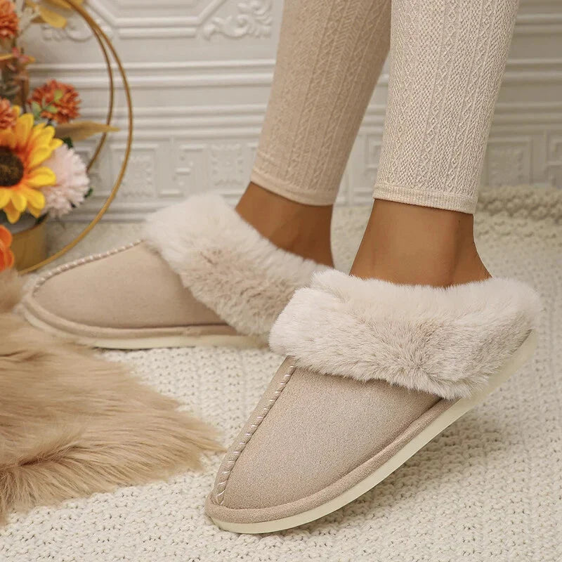 Women’s Beige Fluffy Slippers with Non-Slip Sole and Warm Lining