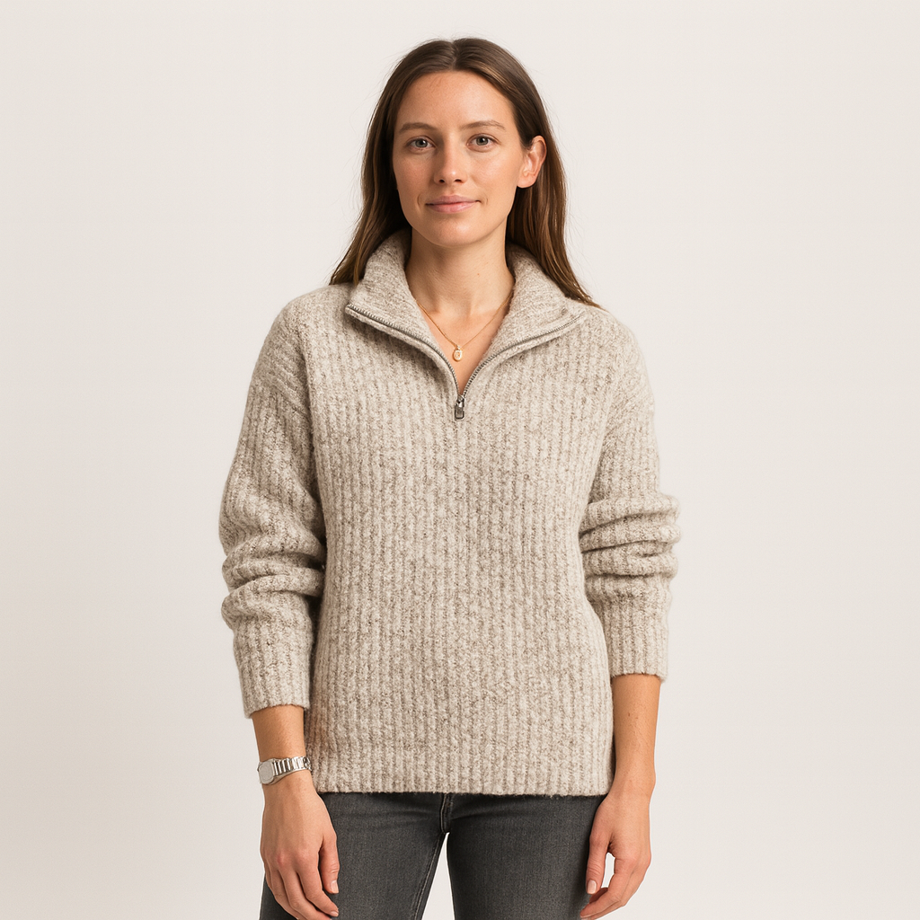 Knitted Soft Women’s Sweater with Half-Zip and High Collar