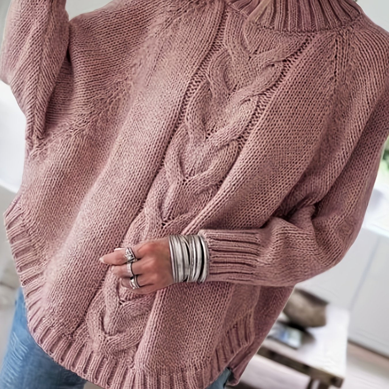Stylish Women’s Turtleneck Sweater with Cable Knit and Wide Sleeves