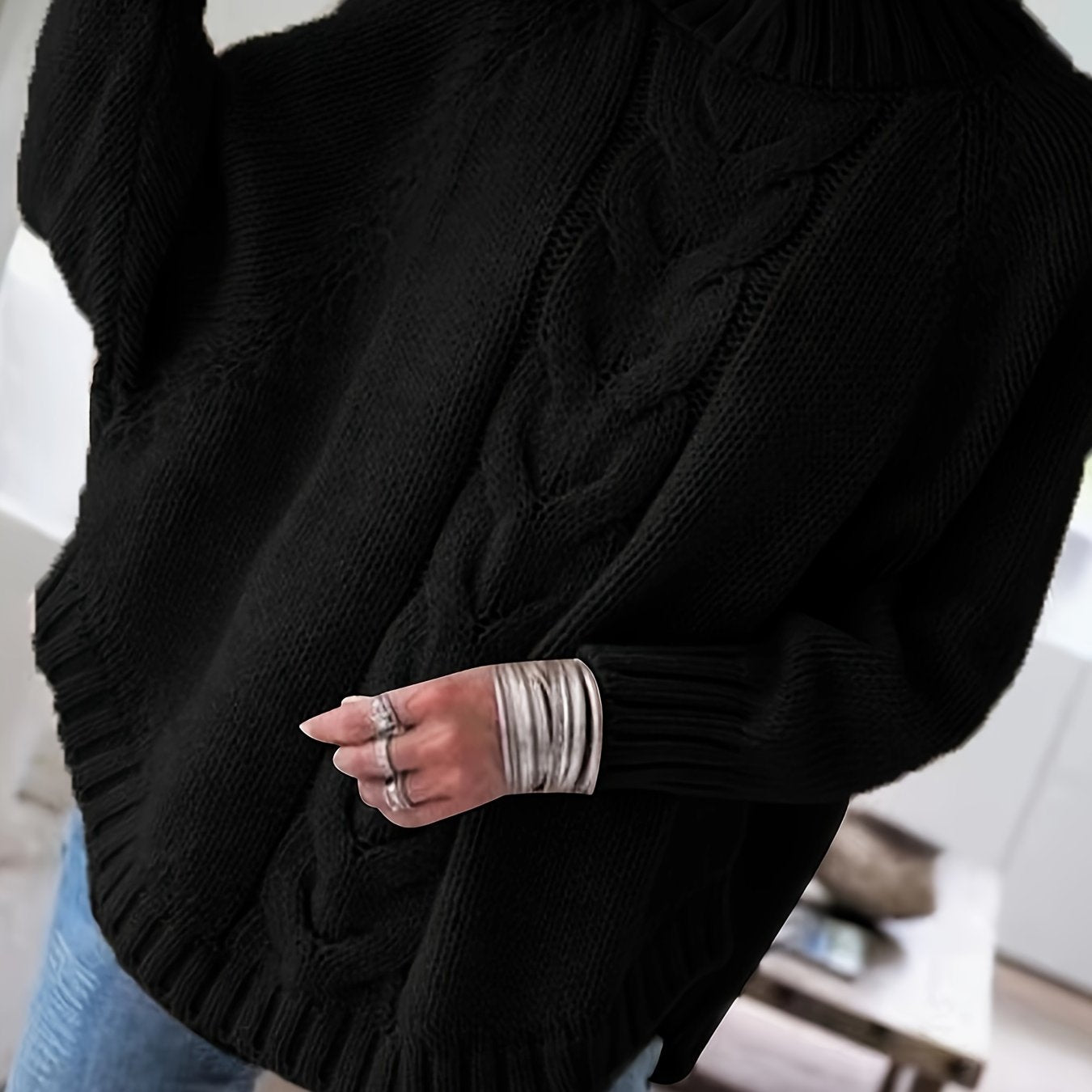 Stylish Women’s Turtleneck Sweater with Cable Knit and Wide Sleeves