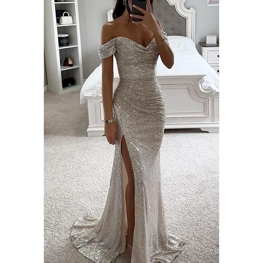 Sequin Evening Maxi Dress with Slit and Off-Shoulder Design