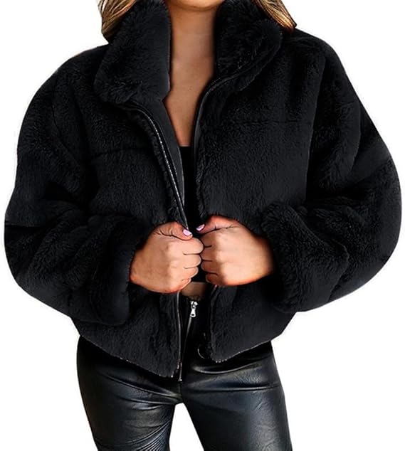 Teddy Fleece Winter Jacket for Women with Zipper and High Collar