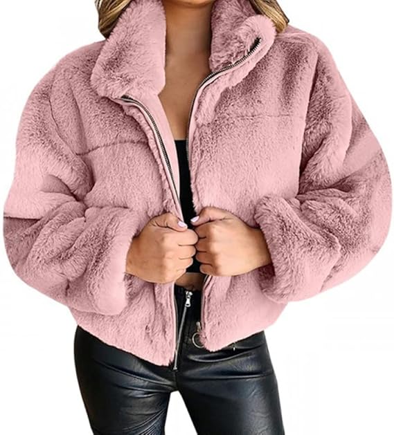 Teddy Fleece Winter Jacket for Women with Zipper and High Collar