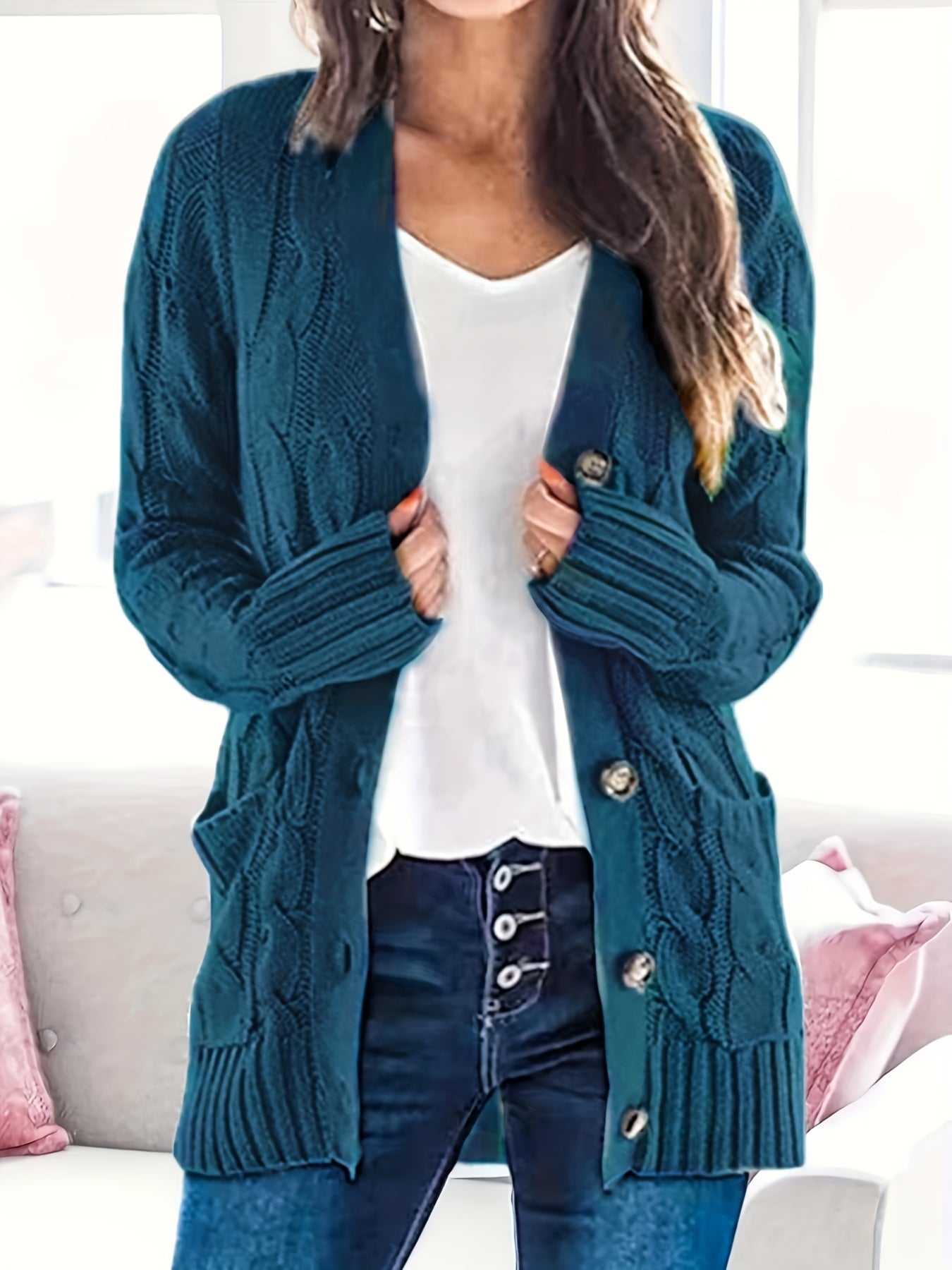 Warm Women’s Cable-Knit Cardigan with Buttons