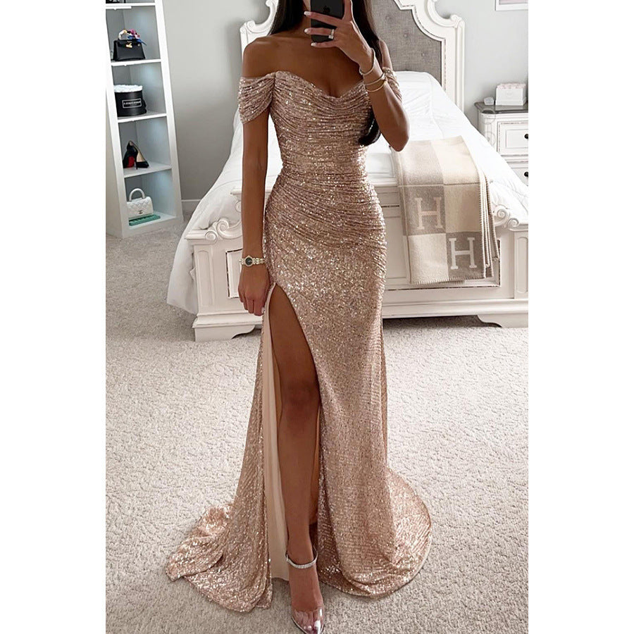 Sequin Evening Maxi Dress with Slit and Off-Shoulder Design