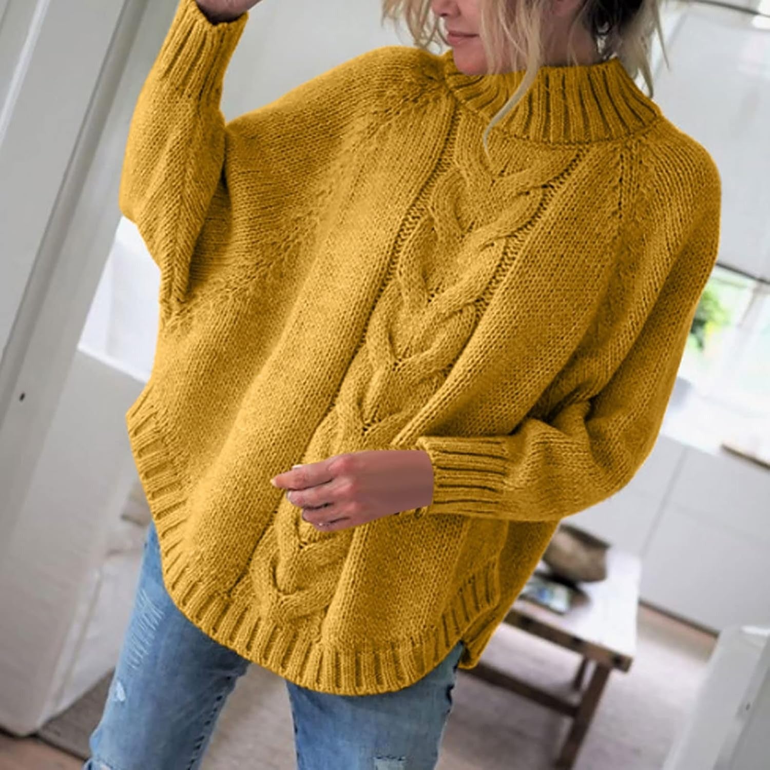 Stylish Women’s Turtleneck Sweater with Cable Knit and Wide Sleeves