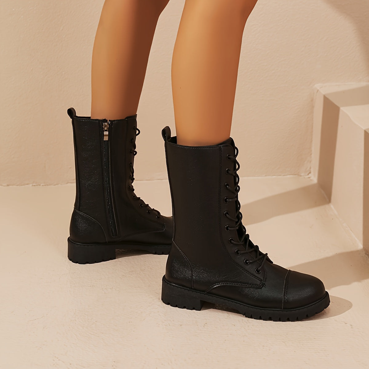 Black Women’s Lace-Up Boots with Zipper and Rugged Sole