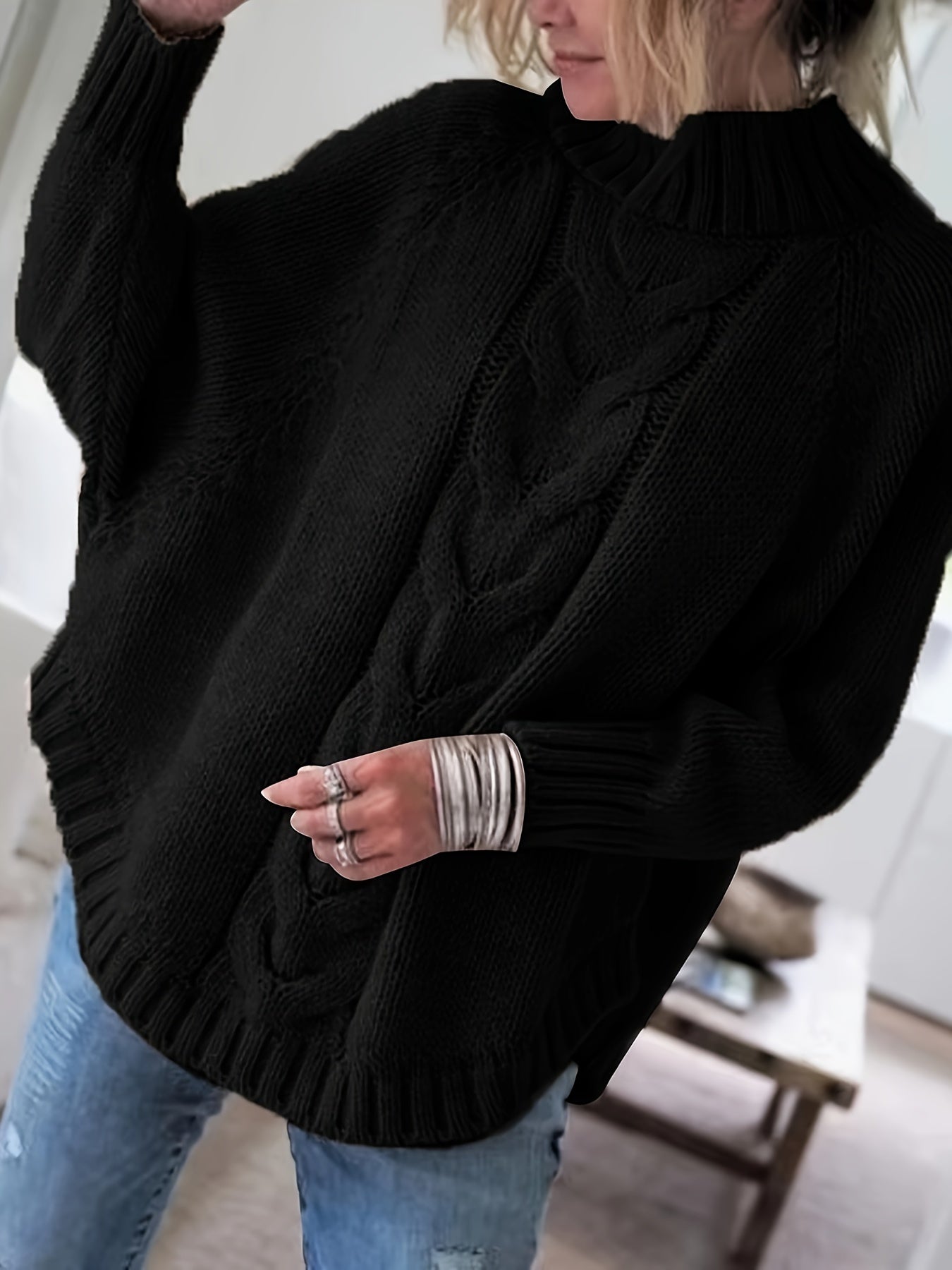 Stylish Women’s Turtleneck Sweater with Cable Knit and Wide Sleeves