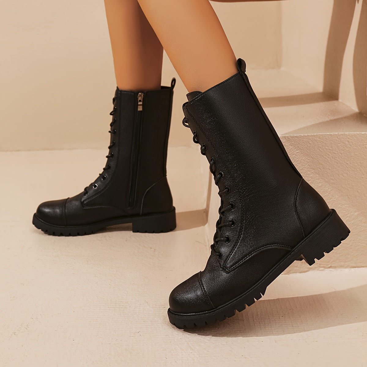 Black Women’s Lace-Up Boots with Zipper and Rugged Sole