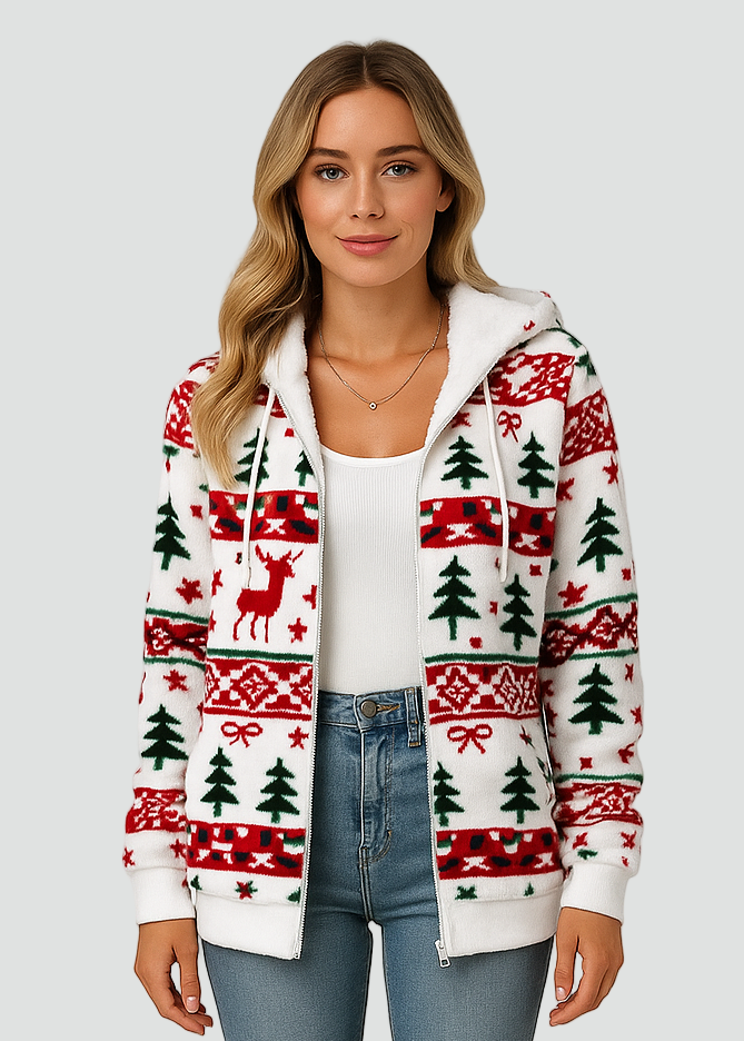 Soft White Christmas Hoodie with Hood and Zipper for Women