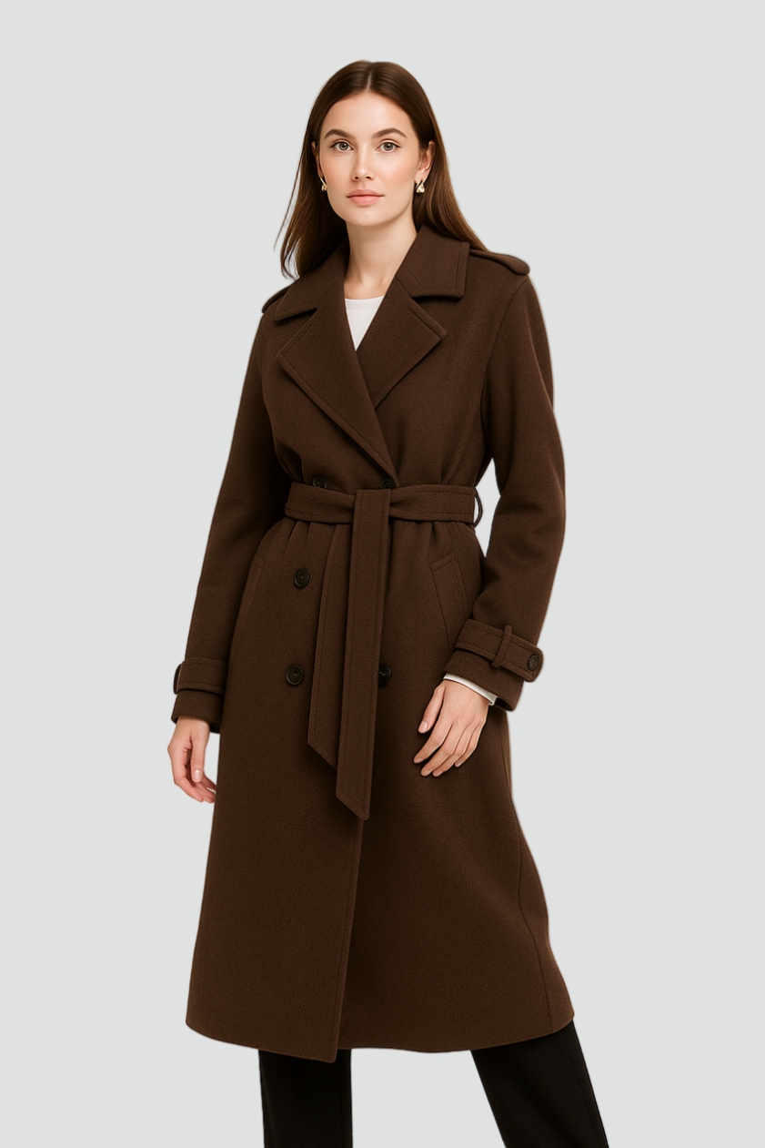 Brown Long Women’s Coat with Double-Breasted Closure