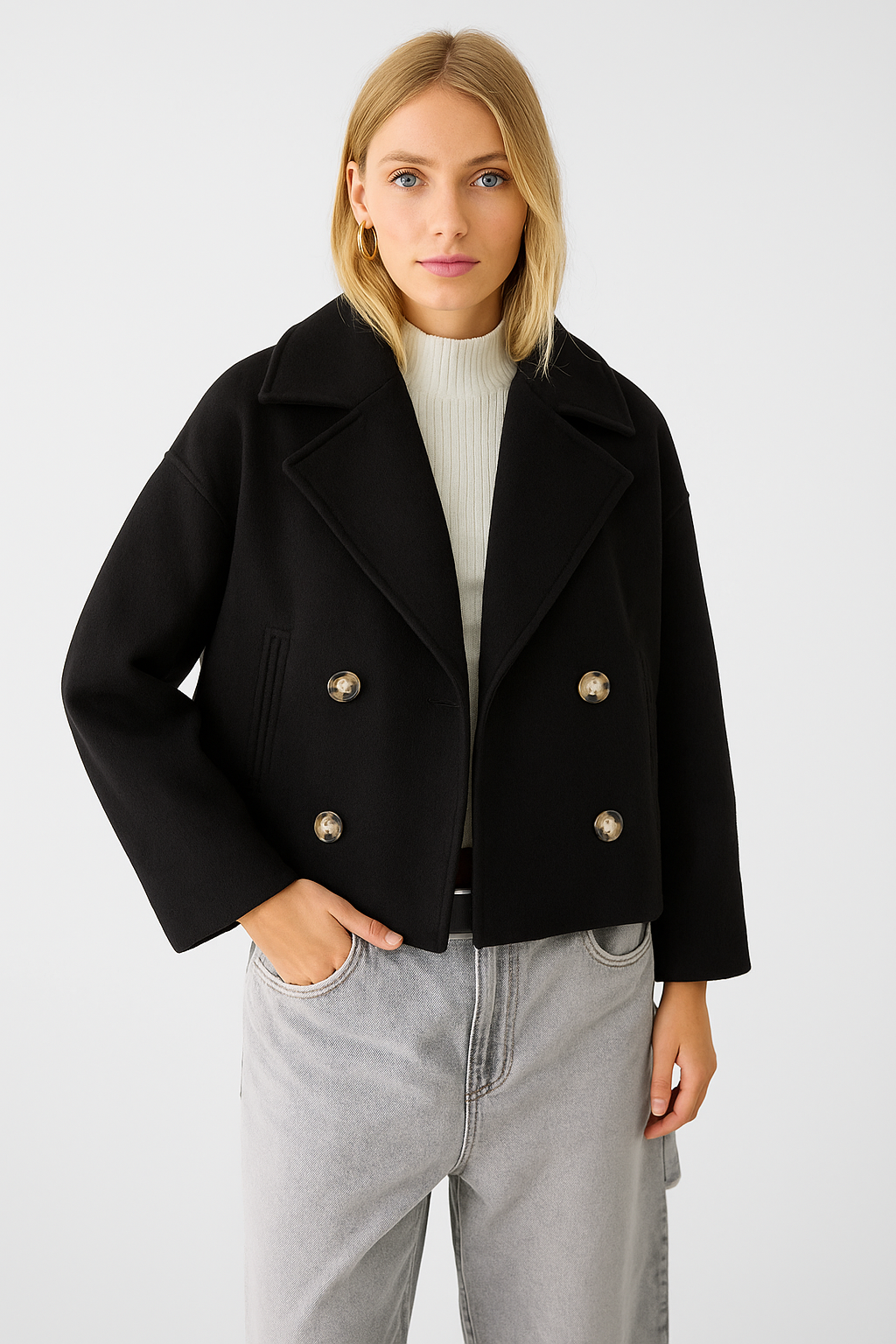 Short Women’s Wool-Blend Coat with Double-Breasted Buttons