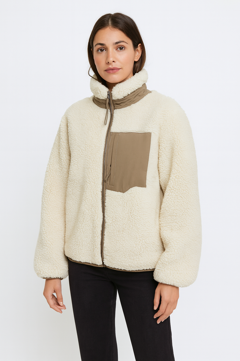 Warm Teddy Jacket for Women with High Collar and Zipper Pocket