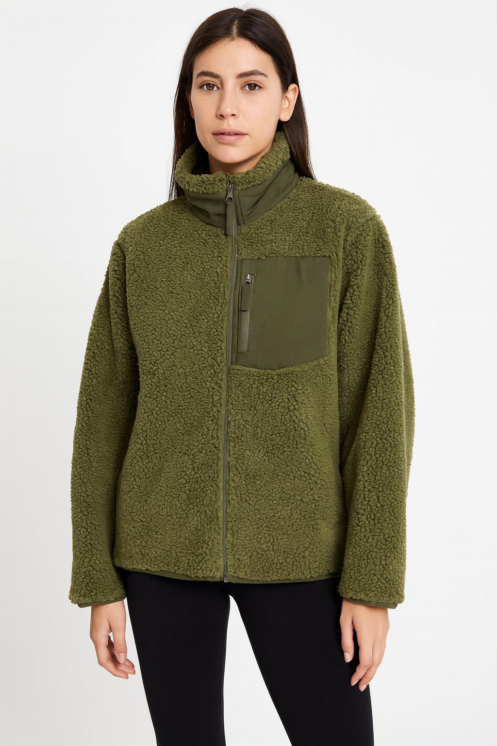 Warm Teddy Jacket for Women with High Collar and Zipper Pocket