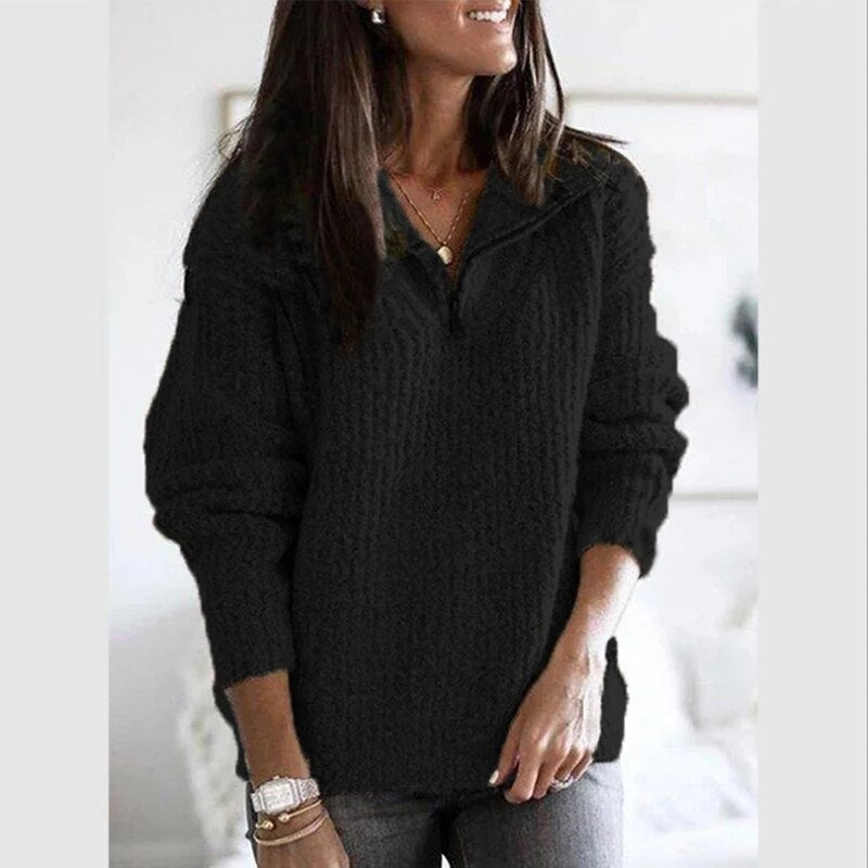 Knitted Soft Women’s Sweater with Half-Zip and High Collar