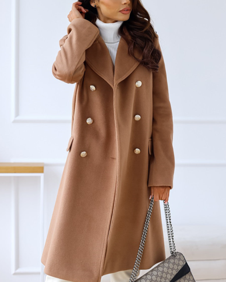 Elegant Long Tailored Wool Coat for Women with Button Detailing