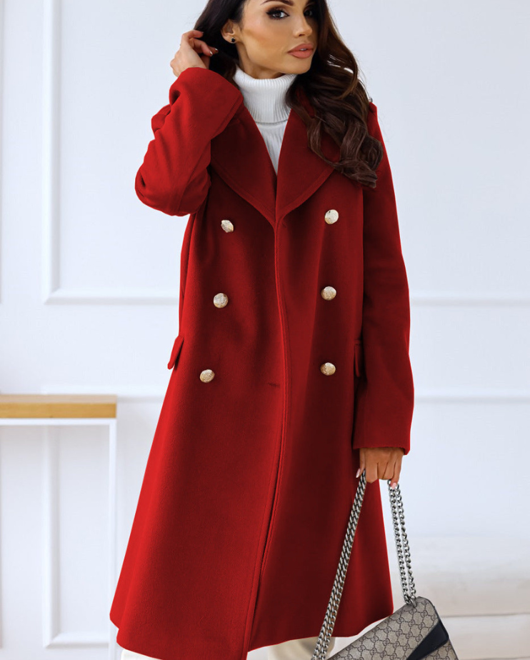 Elegant Long Tailored Wool Coat for Women with Button Detailing