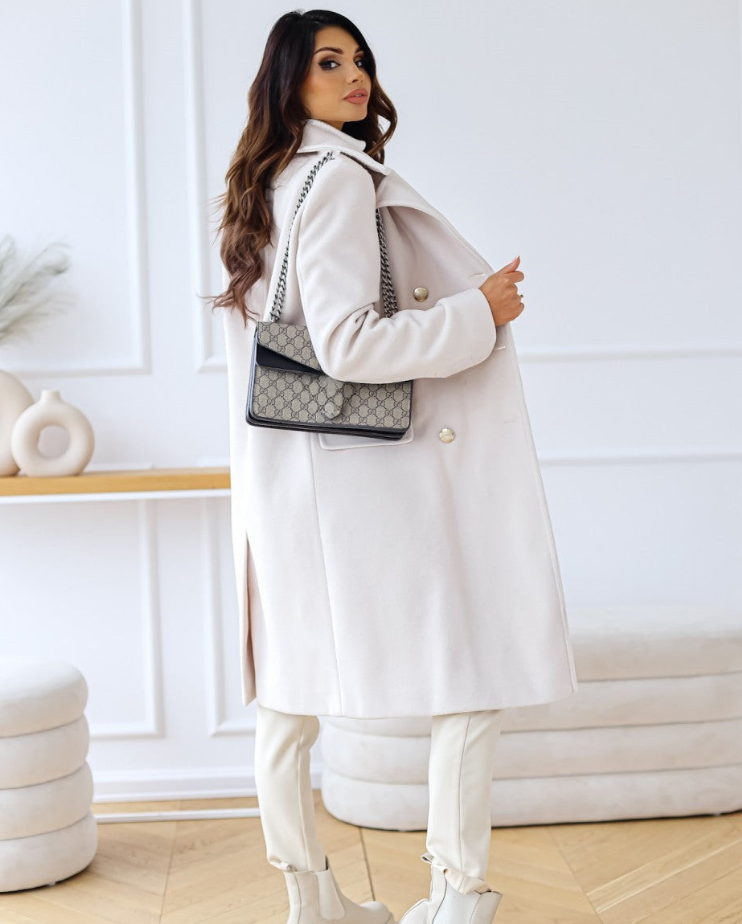 Elegant Long Tailored Wool Coat for Women with Button Detailing