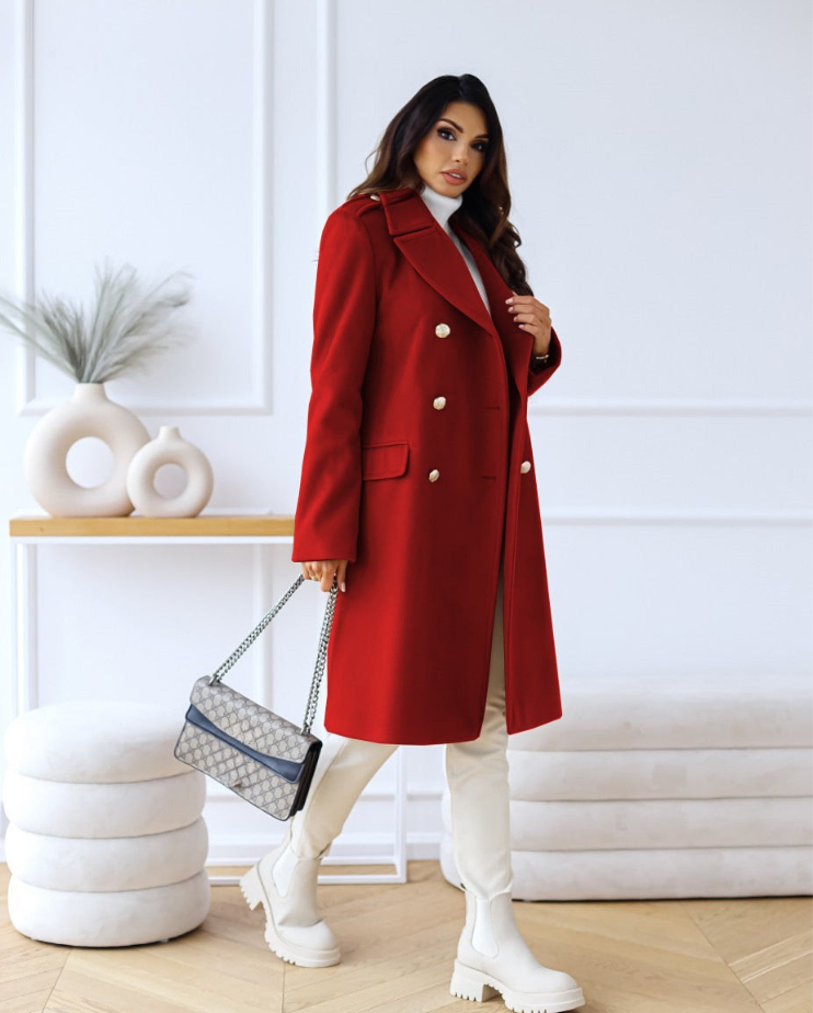 Elegant Long Tailored Wool Coat for Women with Button Detailing