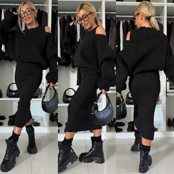 Knitted Women's Two-Piece Set with Oversized Sweater and Slit Midi Skirt