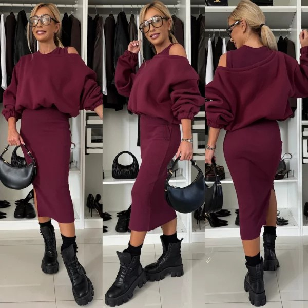 Knitted Women's Two-Piece Set with Oversized Sweater and Slit Midi Skirt