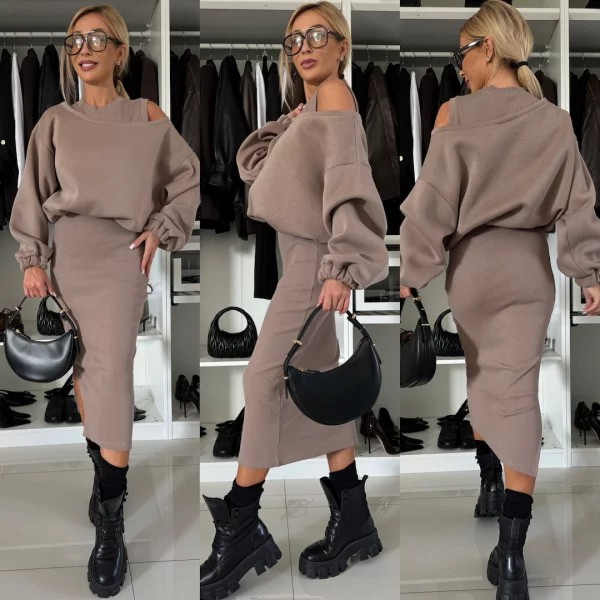 Knitted Women's Two-Piece Set with Oversized Sweater and Slit Midi Skirt