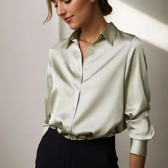 Elegant Satin Blouse with Collar and Long Sleeves for Women