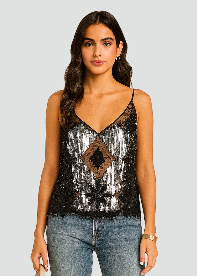 Glamorous Women’s Top with Hand-Sewn Beads and Sequins