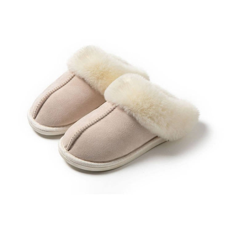 Women’s Beige Fluffy Slippers with Non-Slip Sole and Warm Lining