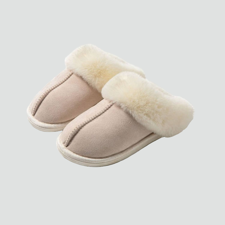 Women’s Beige Fluffy Slippers with Non-Slip Sole and Warm Lining
