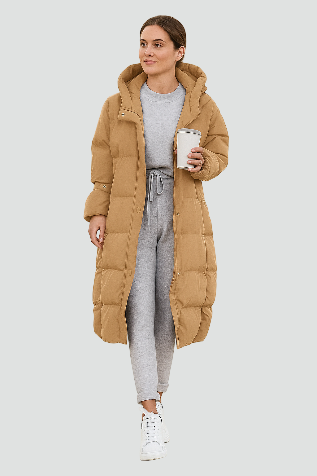 Long Women’s Puffer Coat with Hood and Warm Insulation