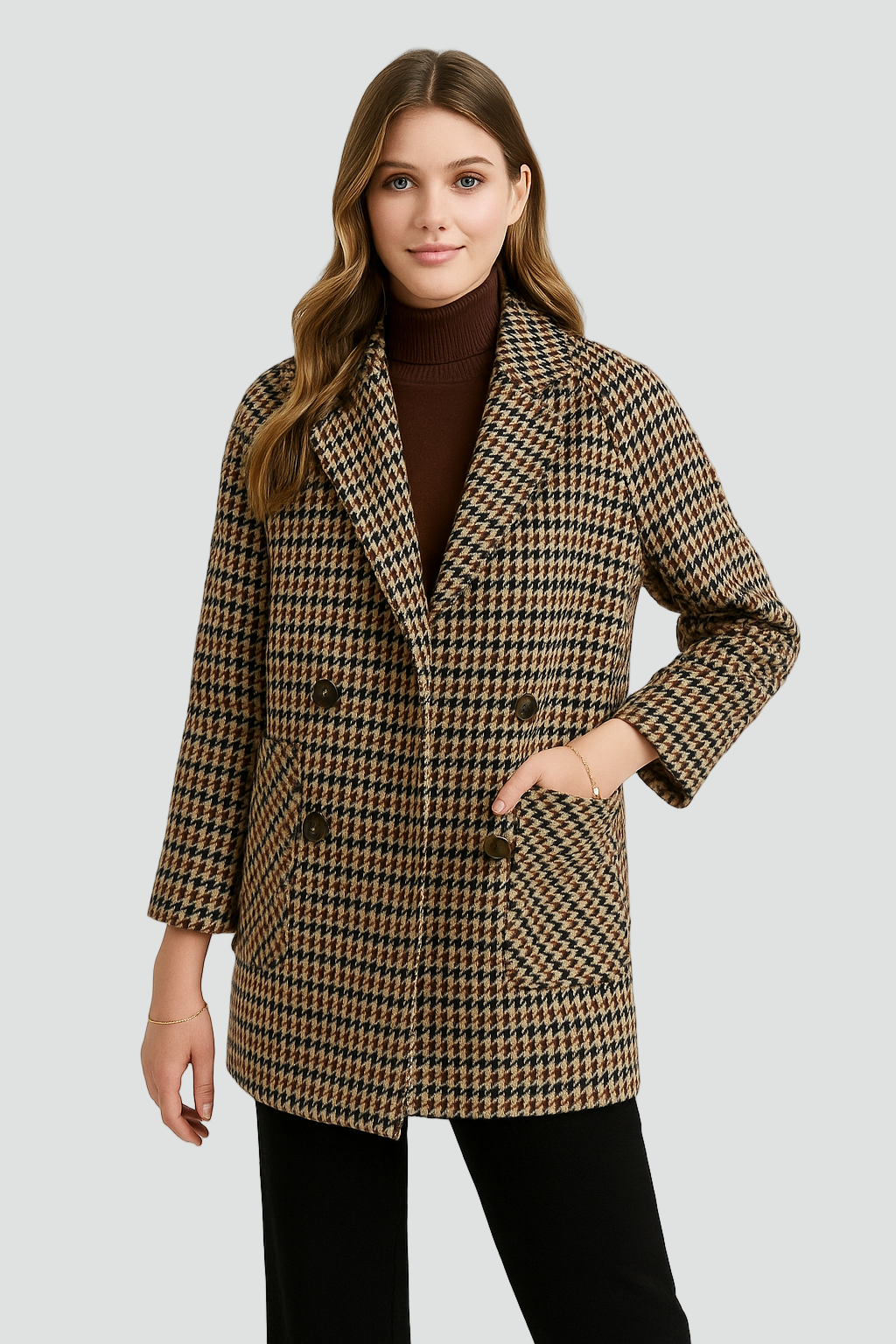 Oversized Women’s Jacket with Checkered and Double-Breasted Buttons