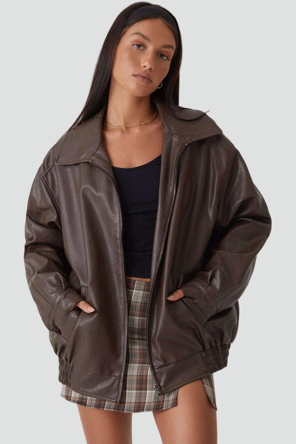 Oversized Women’s Faux Leather Jacket with Zipper