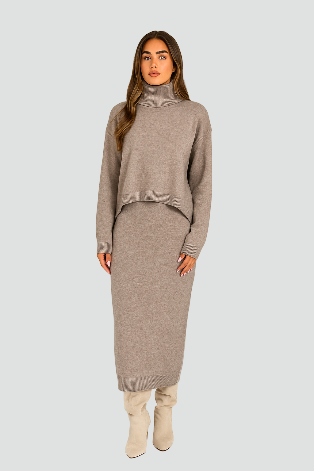 Elegant Knitted Midi Dress Set for Women with Matching Sweater