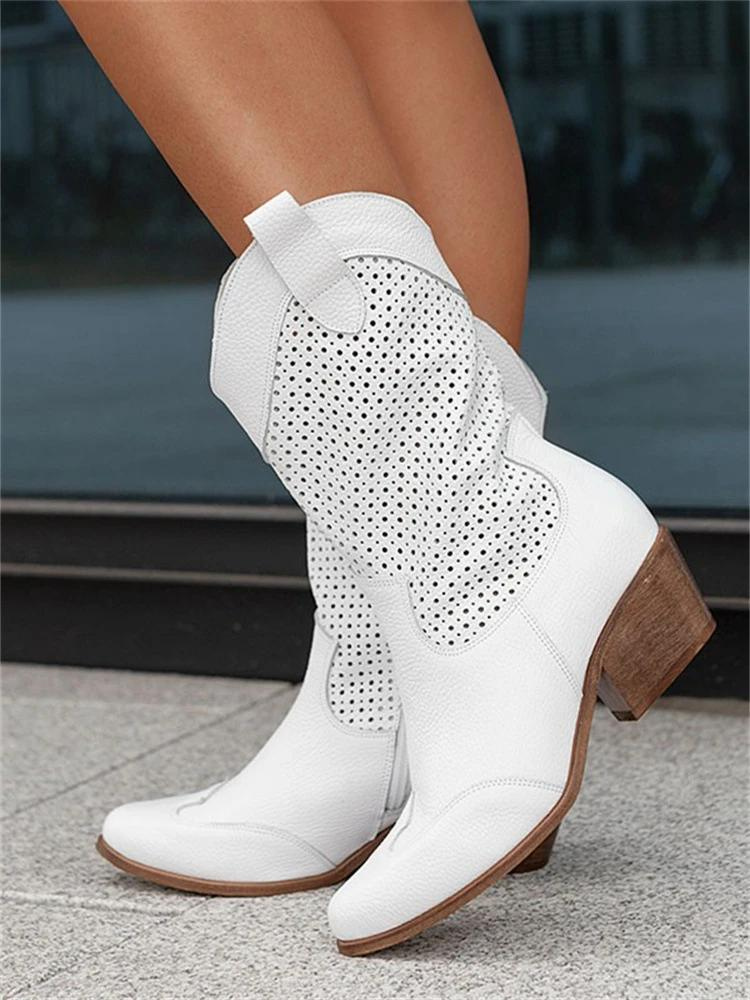 Cowboy Boots for Women with Low Heel and Cut-Out Pattern