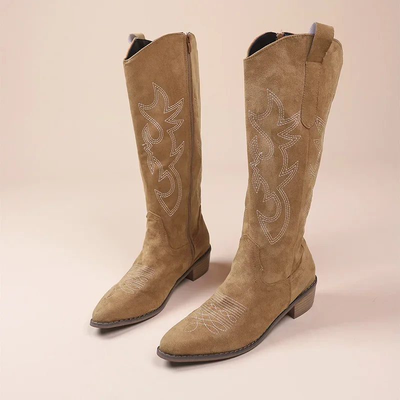 Embroidered Western Cowboy Boots with Low Heel for Women