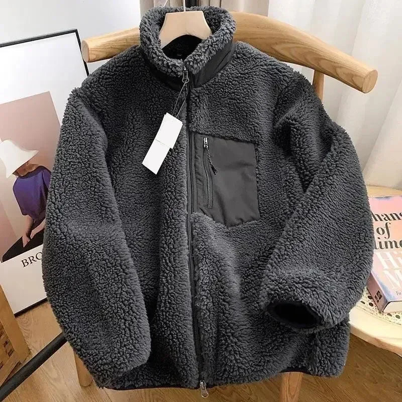 Warm Teddy Jacket for Women with High Collar and Zipper Pocket