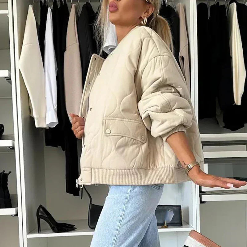 Padded Women’s Bomber Jacket with Snap Buttons and Pocket