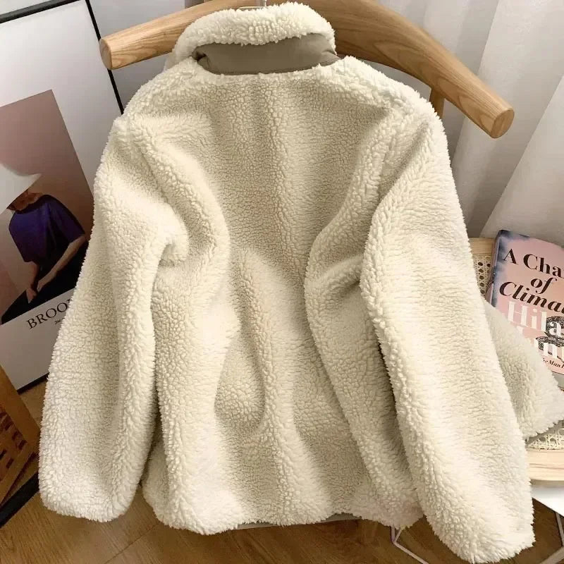 Warm Teddy Jacket for Women with High Collar and Zipper Pocket