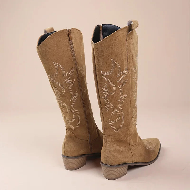 Embroidered Western Cowboy Boots with Low Heel for Women