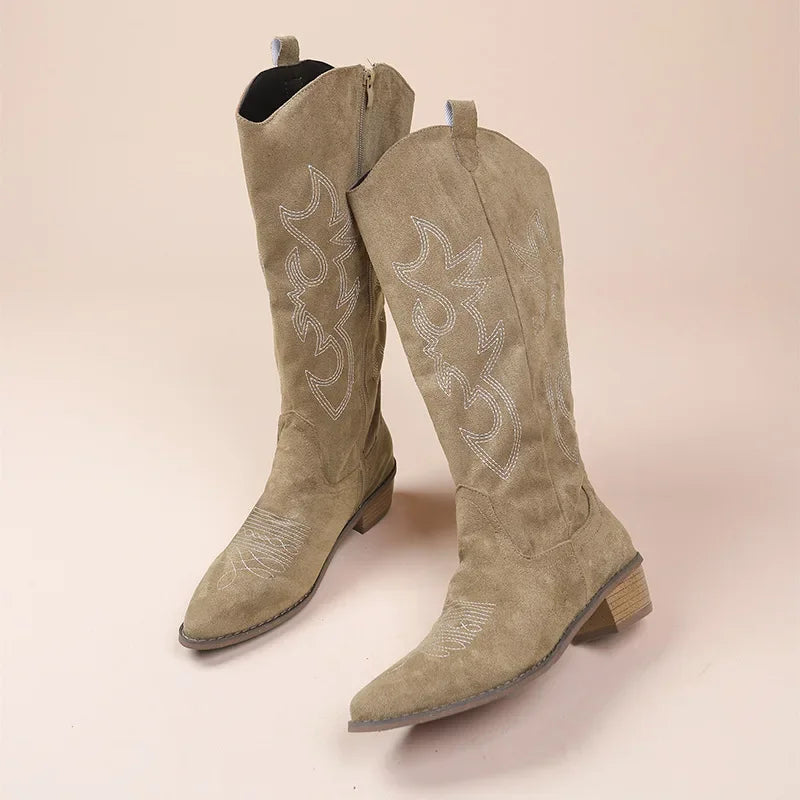 Embroidered Western Cowboy Boots with Low Heel for Women