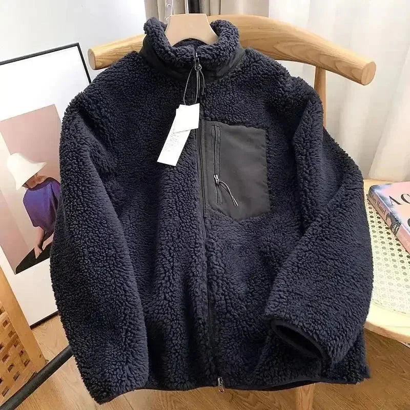 Warm Teddy Jacket for Women with High Collar and Zipper Pocket