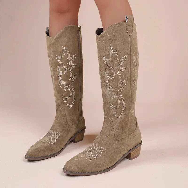 Embroidered Western Cowboy Boots with Low Heel for Women