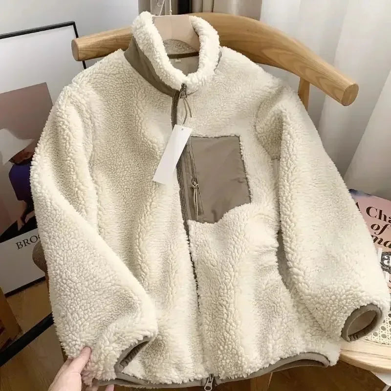 Warm Teddy Jacket for Women with High Collar and Zipper Pocket