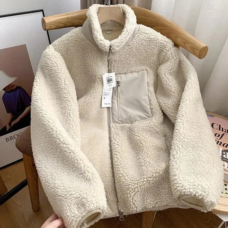 Warm Teddy Jacket for Women with High Collar and Zipper Pocket