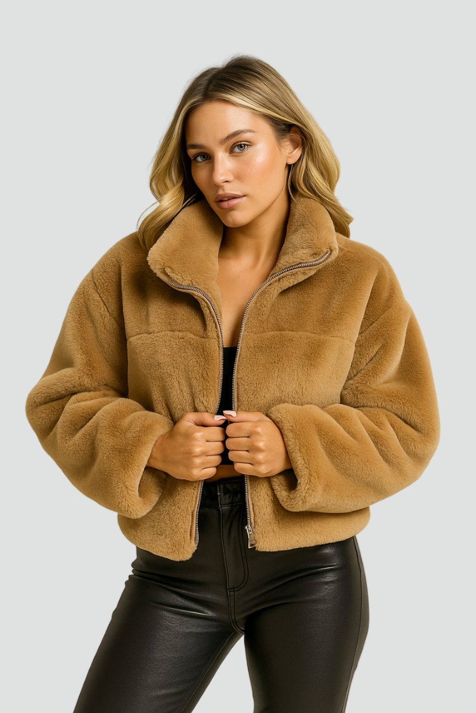 Teddy Fleece Winter Jacket for Women with Zipper and High Collar