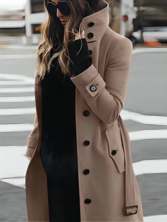 Elegant Women’s Trench Coat with High Collar and Waist Belt