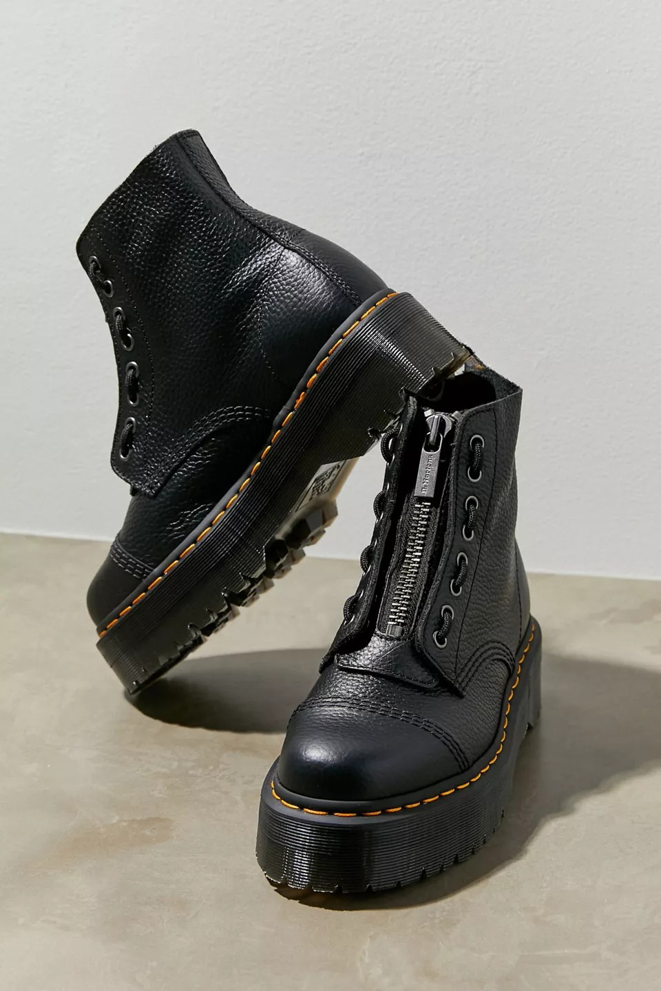 Black Women’s Combat Boots with Platform Sole and Front Zipper